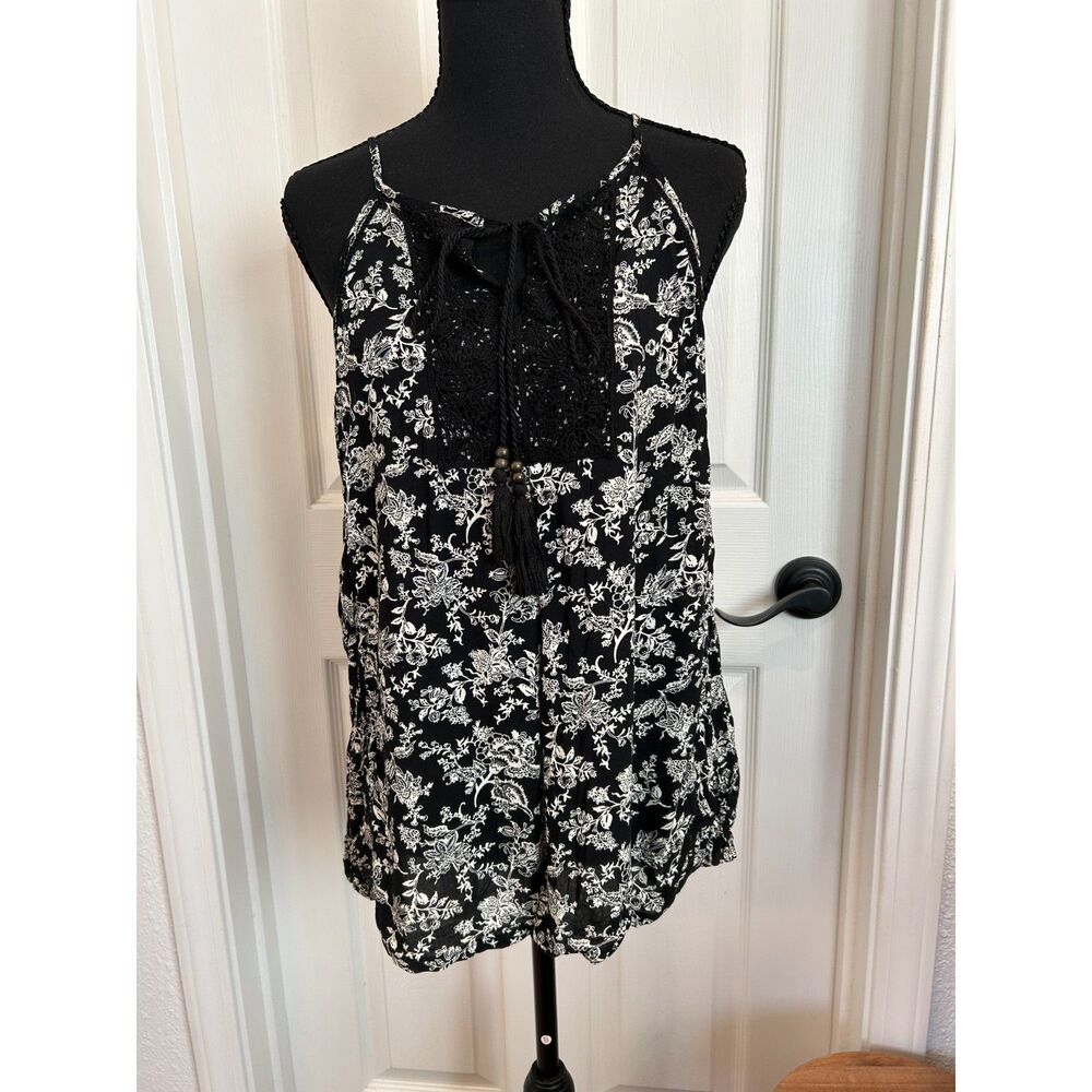 Boho Black & White Floral Tank Top with Crochet Lace Insert and Tassel Ties Sz M